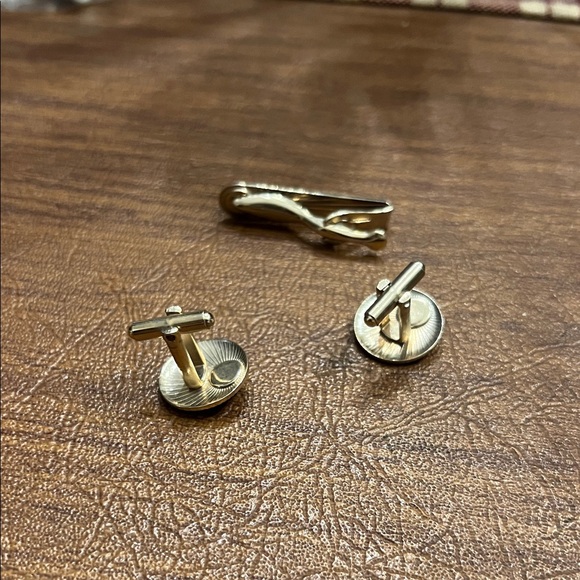 Gold and Blue Cufflinks and Tie Clip Set